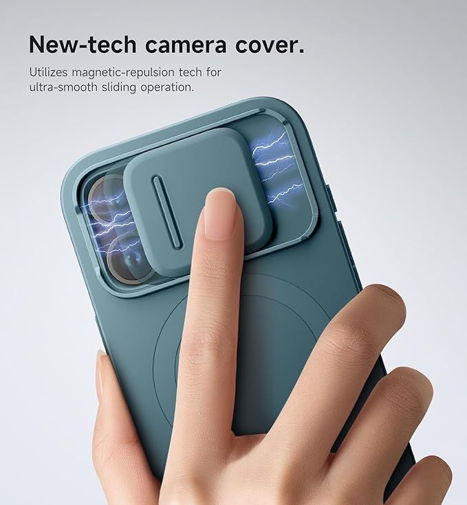 SURITCH for iPhone 15 Pro Case with Magnetic Camera Slide Cover and Adjustable Kickstand, Compatible with MagSafe, Shockproof Bumper Case Slim Protective Cover 6.1 Inch, Lake Green
