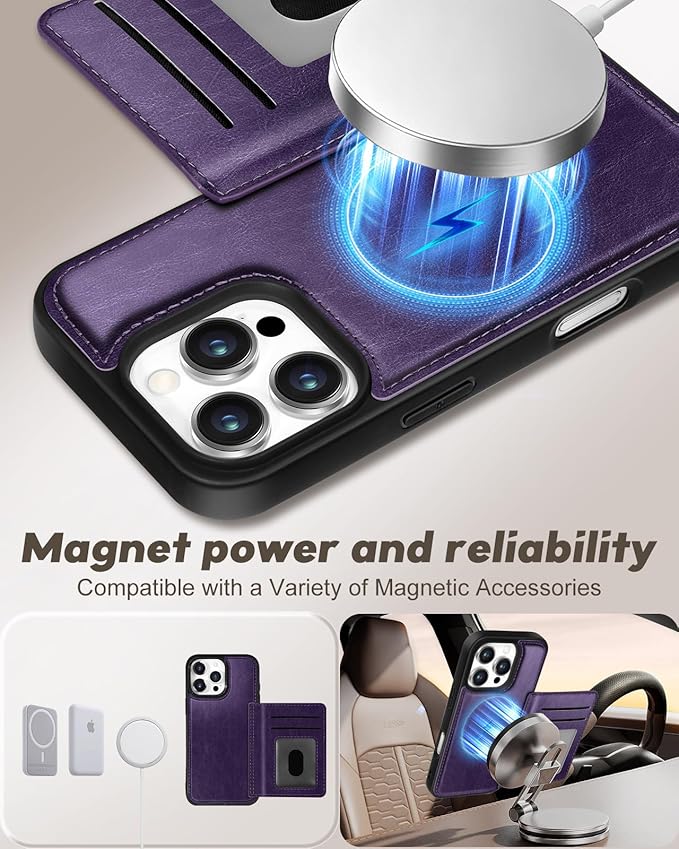 for iPhone 16 Pro Max Case with Wallet - Fits 4 Card Slots, Compatible with MagSafe for Women Aesthetic Durable PU Leather Credit Card Holder Kickstand Phone Cover for Apple 16 Promax, Purple
