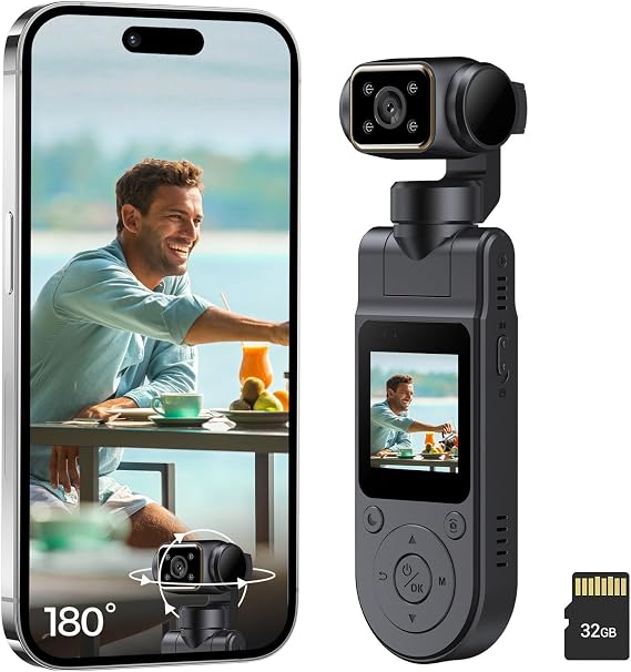 Pocket Vlogging Camera WiFi, 1080P Clip-On Mini Body Cam with 32GB Card