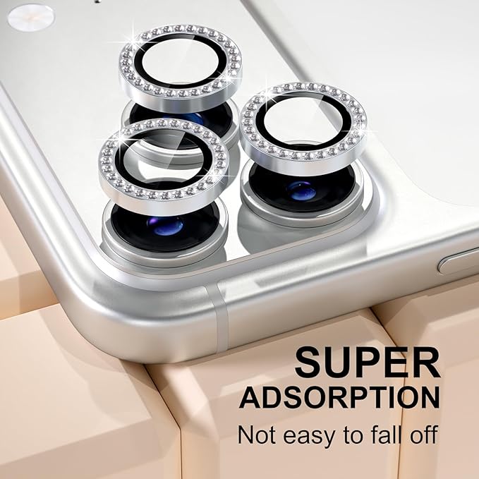 Misea Compatible for iPhone 17 Pro/iPhone 17 Pro Max Camera Lens Protector Bling, 9H Tempered Glass Camera Cover Screen Protector Metal Individual Ring Decoration Accessories, Silver Diamond