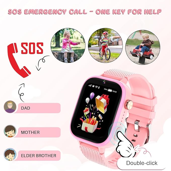 OKYUK 4G Kids Smart Watch, 15 Exciting Games, Two-Way Calling Feature, SOS Emergency Call Button Ideal for Kids Aged 3-12, for Boys & Girls (Pink)