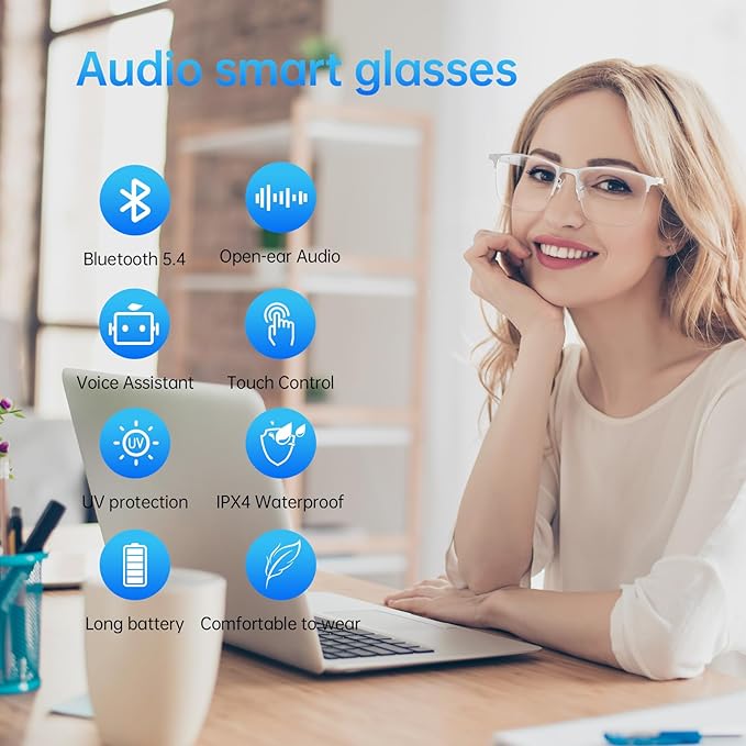 AIRMARS Smart Glasses for Men & Women, Bluetooth Glasses with Photochromic/Blue Light Filter&Polarized Lenses, Smart Sunglasses for Women with Speaker, Interchangeable Frames (Silver)