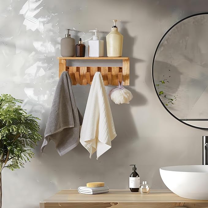 YMYNY Coat Rack Wall Mount with Shelf, 2 Pack Wall Shelf with Retractable Hooks, Wooden Wall Coat Rack for Entryway, Bedroom for Hanging Clothes/Coats/Keys/Hats/Towels/Bags, Natural, HWS008N-2