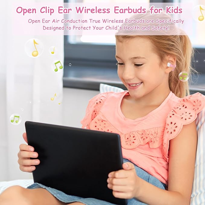 BANIGIPA Kids True Wireless Earbuds, 5g Super Light Comfortable Open Ear Bluetooth 5.4 Headphones w/Mic to Protect Hearing for Studying Music Clear Calling, Touch Control Ear Buds w/Charging Case