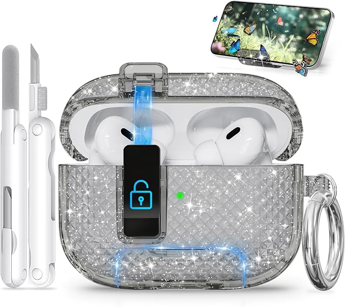 for AirPods Pro 2 Case with Phone Stand & Secure Lock, Auto-Open Clear Cover Compatible with Apple AirPods Pro 2nd/1st Gen (2023,2022,2019) with Cleaning Kit & Keychain (Shine-Clear Black)