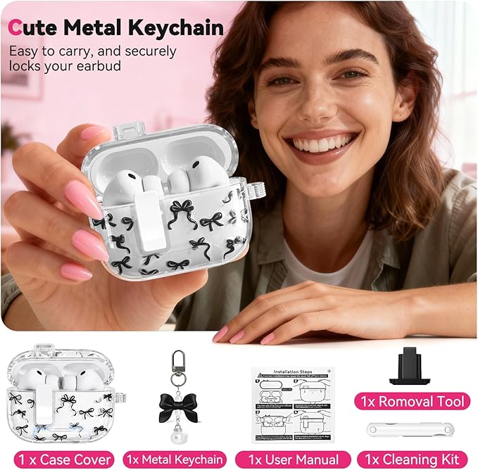 for AirPods Pro 3 Case with Secure Lock & Phone Stand, Bow-Print Clear Case for Apple AirPods Pro 3rd Generation 2025 Cover with Cleaner Keychain for Women Girly (Black, Airpods Pro 3 (2025))