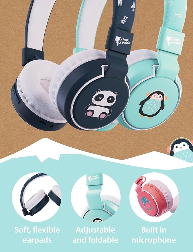 Planet Buddies Penguin Kids Headphones Wireless, On Ear Bluetooth Headphones for Kids with Microphone, 85dB Volume Limiter, Cute Foldable Earphones for Tablets and Phones, Travel, School & Music