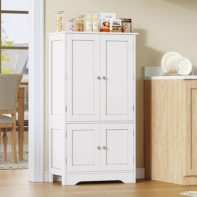TEENFON 43'H Pantry Cabinet with 4 Doors, Kitchen Cabinet with 6 Door Shelves, Kitchen Pantry for Living Room, Dining Room, Bathroom, White