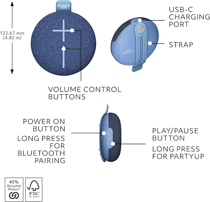 Ultimate Ears MINIROLL Ultra-Portable Waterproof Bluetooth Speaker, Big Bass, IP67 Dustproof, 131 ft (40 m) Range - Majestic Blue