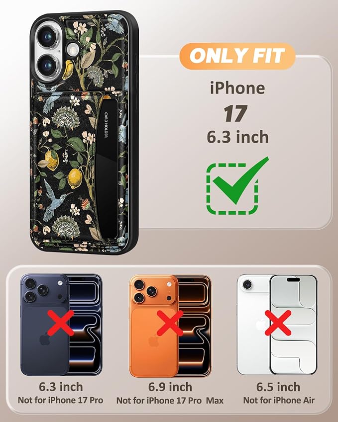 for iPhone 17 Case with Wallet - Fits 4 Card Slots, Compatible with MagSafe for Women Aesthetic Durable PU Leather Credit Card Holder Kickstand Phone Cover for Apple 17, Lemon Bird