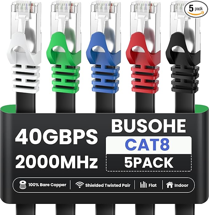 BUSOHE Cat8 Ethernet Cable 5FT 5 Pack Multi Color, 40Gbps 2000MHz Shielded Flat Computer Internet LAN Network Patch Cord, High Speed RJ45 Cat-8 Cable for Router, Modem, PC, Gaming - 5 Feet