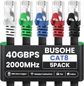 BUSOHE Cat8 Ethernet Cable 7FT 5 Pack Multi Color, 40Gbps 2000MHz Shielded Flat Computer Internet LAN Network Patch Cord, High Speed RJ45 Cat-8 Cable for Router, Modem, PC, Gaming - 7 Feet