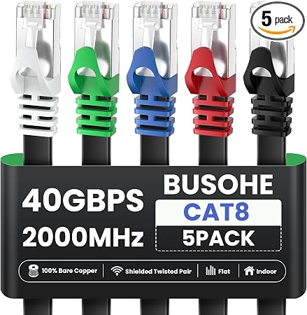 BUSOHE Cat8 Ethernet Cable 5FT 5 Pack Multi Color, 40Gbps 2000MHz Shielded Flat Computer Internet LAN Network Patch Cord, High Speed RJ45 Cat-8 Cable for Router, Modem, PC, Gaming - 5 Feet