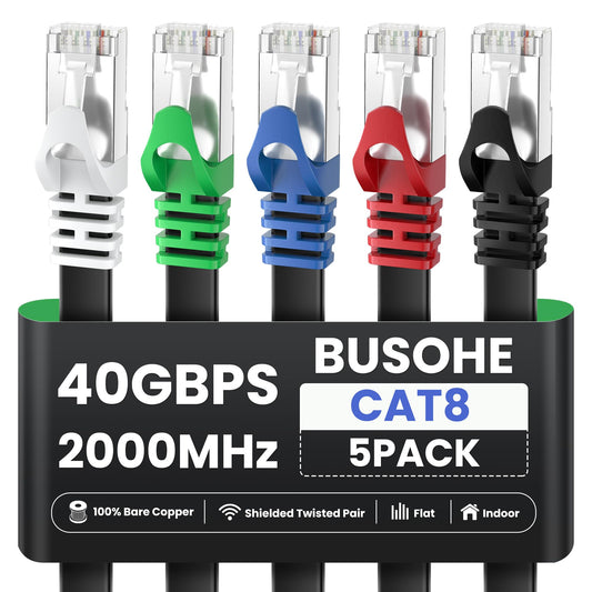 BUSOHE Cat8 Ethernet Cable 7FT 5 Pack Multi Color, 40Gbps 2000MHz Shielded Flat Computer Internet LAN Network Patch Cord, High Speed RJ45 Cat-8 Cable for Router, Modem, PC, Gaming - 7 Feet