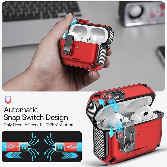 for AirPods Pro 2nd/1st Case (2023/2022/2019) with Phone Stand,（with Automatic Snap Switch） Carbon Fiber Design Protection Cover with Cleaning Pen,Red