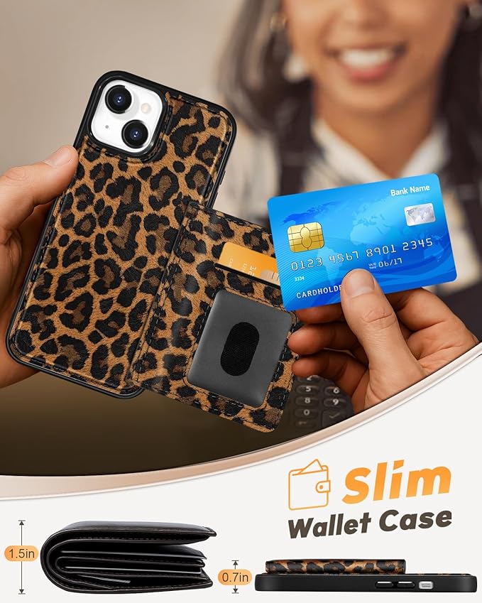 for iPhone 15 Plus Case with Wallet - Fits 4 Card Slots, Compatible with MagSafe for Women Aesthetic Durable PU Leather Credit Card Holder Kickstand Phone Cover for Apple 15 Plus, Leopard