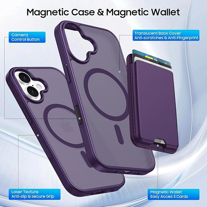 Magnetic for iPhone 16 Plus Case with Card Holder, Compatible with MagSafe, Slim Shockproof Phone Cover with Detachable Wallet, Built-in Magnet Ring, Purple
