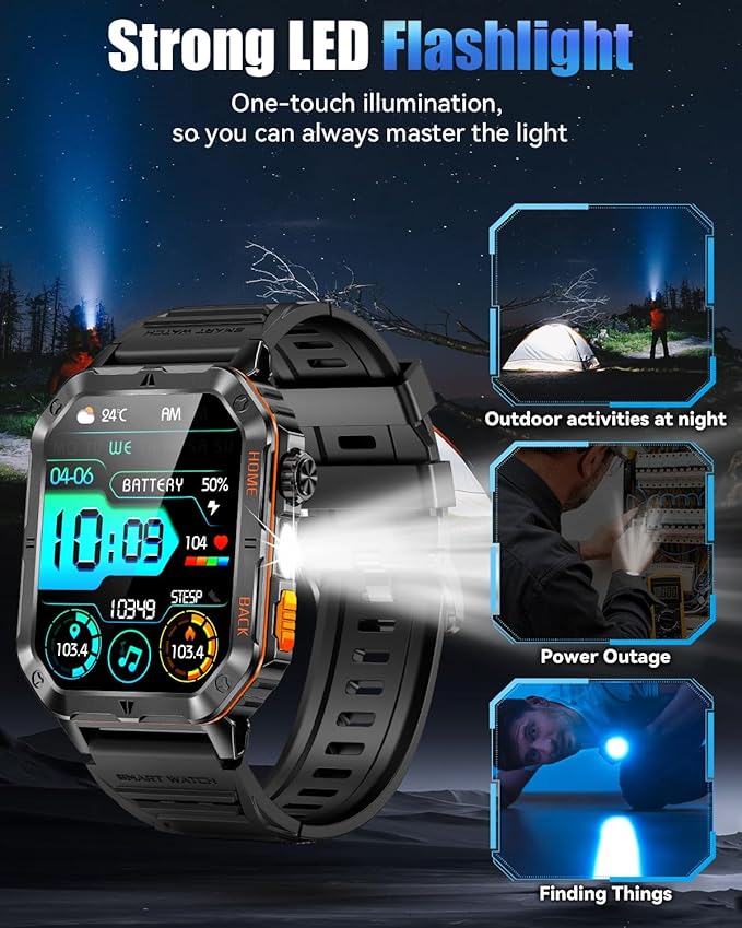 Military Smarty Watch for Men, 2.01" Smartwatch with 1200mAh Battery, Flashlight, Answer/Make Calls, Heart Rate/Sleep Monitor 100+ Sport Modes Fitness Tracker for Android/iPhone