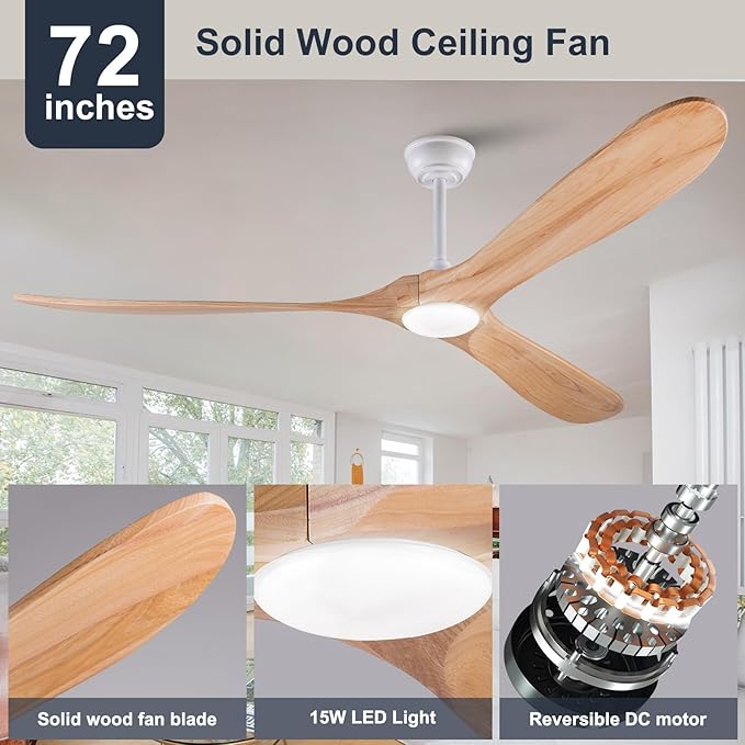 72 Inch Ceiling Fan with Lights and Remote, 3 Wood Fan Blades Ceiling Fan with Quiet Reversible DC Motor Indoor Outdoor for Patios Living Room Bedroom Study