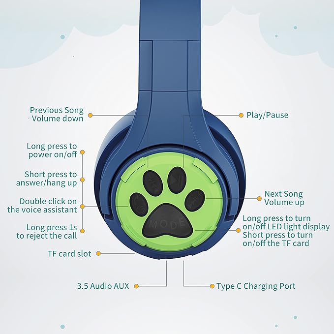 Riwbox CF9 Cat Ear Kids Bluetooth Headphones with LED Light Up,Safe 85dB Volume Limit,Built-in Mic&Boom Mic for Calls,Kids Wireless&Wired Headphones for Tablet/Airplane/School/Online Learning(Blue)