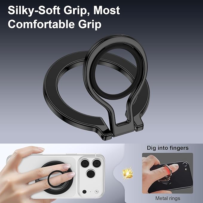 Magnetic Phone Grip for MagSafe iPhone Grip Ring Stand Holder, Adjustable Ring for MagSafe Kickstand iPhone 17 16 Pro Max Finger Loop Stand with Silicone Finger Strap, Black