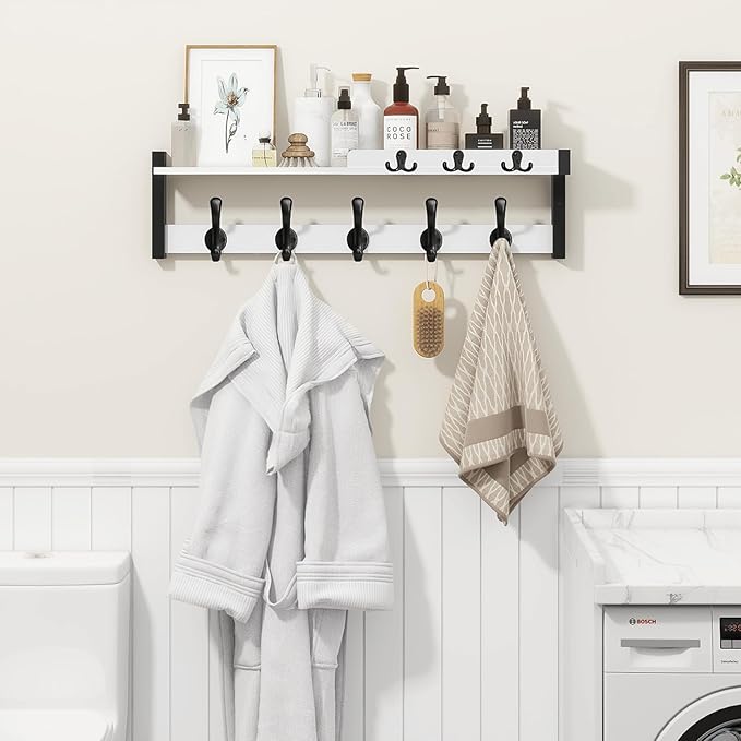 Homode Coat Rack Wall Mount, 29" Modern Floating Shelf with Key and Mail Holder, Wooden Entryway Hanging Shelf with Hooks and Storage for Hat Towel Jacket Purse Backpack Dog Leash, White