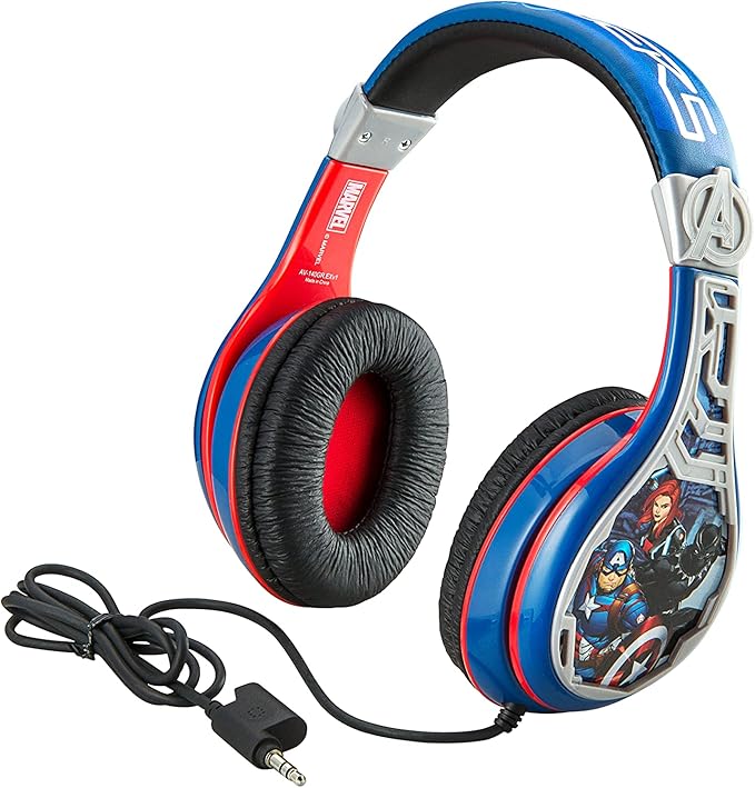 eKids Avengers Headphones for Kids, Wired Headphones for School, Home or Travel, Tangle Free Stereo Earphones with Volume Control, 3.5mm Jack, For Fans of Avengers Merchandise