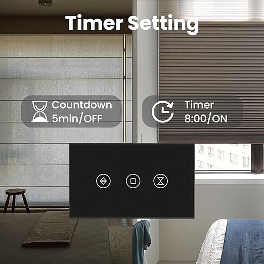 Smart Roller Shutter Switch Neutral Wire Required,2.4GHz WiFi Roller Shutter Switch with Remote Voice Control, Tempered Glass Panel, Work with Alexa and Google Home, Black WiFi-Roller Shutter