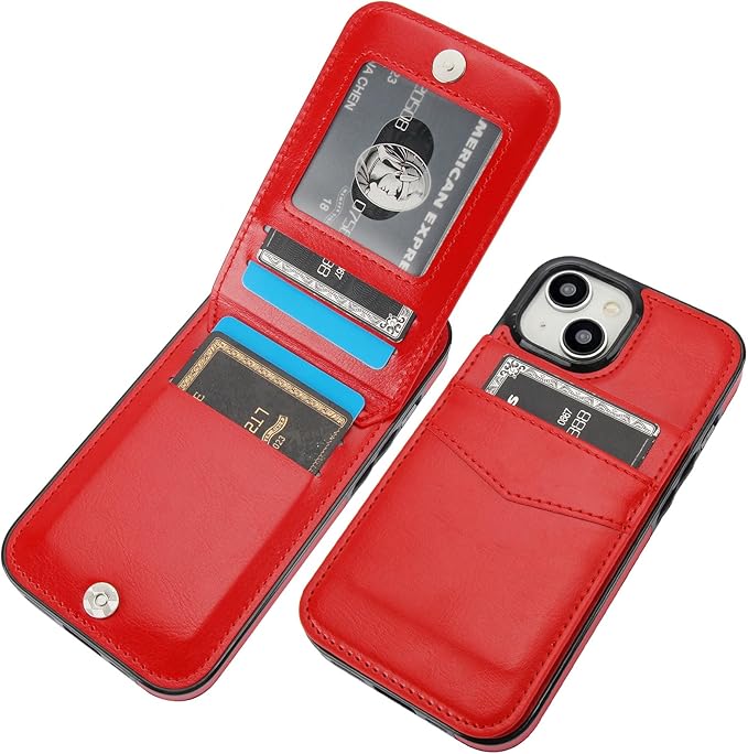 KIHUWEY Compatible with iPhone 15 Case Wallet with Credit Card Holder, Flip Premium Leather Magnetic Clasp Kickstand Heavy Duty Protective Cover for iPhone 15 6.1 Inch (Red)