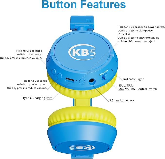 Contixo KB-5 Kids Headphones - Over The Ear Foldable Bluetooth Wireless Headphone for Kids - 85dB with Volume Limited - Toddler Headphones for Boys and Girls (Blue + Yellow)