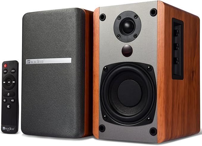 SINGING WOOD BT25 Powered Bluetooth Bookshelf Speakers with Subwoofer Output, 80W Hi-Fi Active 2.0 Stereo System, Optical/RCA Inputs, Studio Monitors for Home Theater, PC Gaming, Turntable
