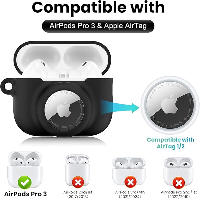2 in 1 Silicone Case Compatible with AirPods Pro 3 and AirTag, Shockproof Protective Case Cover for AirPods Pro 3rd Generation 2025 with Cleaner Kit & Carabiner (Black)