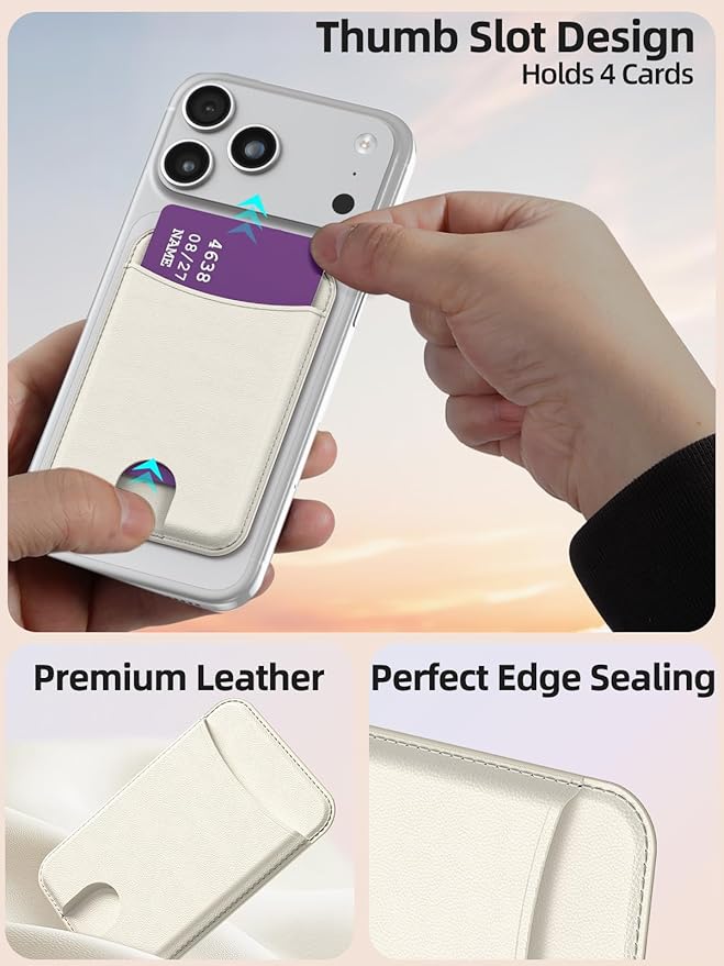 Miroddi for Magsafe Wallet, Magnetic Card Holder for iPhone 17/16/15/14/13/12 Series, Leather Magnet Phone Wallet Fit 4 Cards 3 Cash, Ultra-Thin, RFID Blocking, Cream White