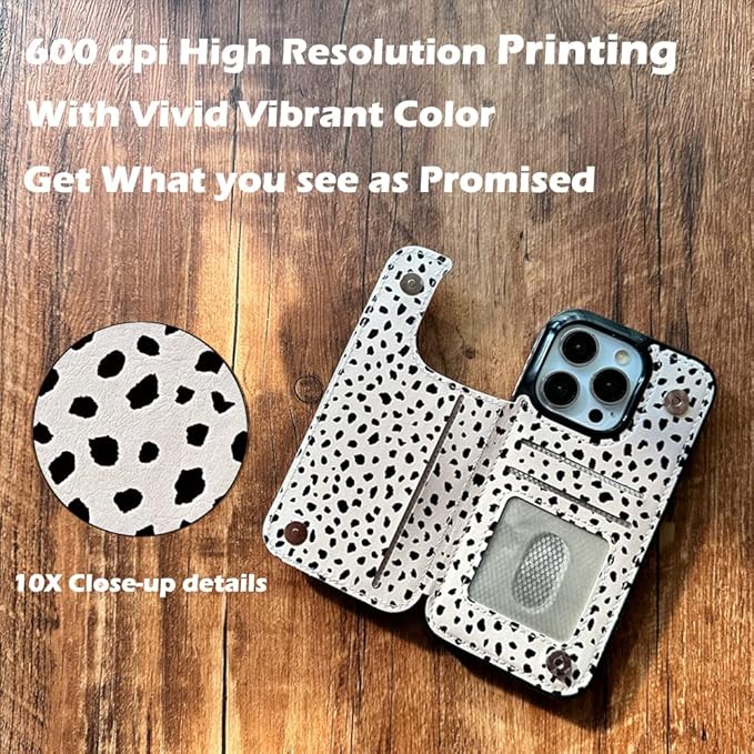 uCOLOR Compatible with iPhone 14 Pro 6.1 Inch Wallet Case with Card Holder Folio Flip PU Leather Kickstand Card Slots Case Double Magnetic Clasp and RFID Blocking Cover (Almond Latte Polka Dot)