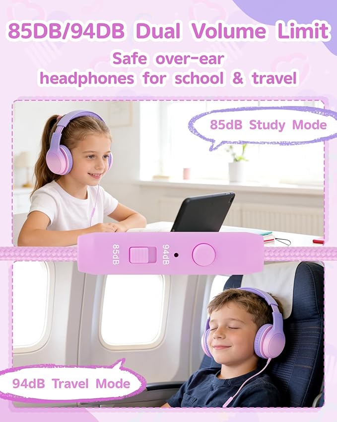 Over Ear Kids Headphones with HD Mic, Safe Volume Limited Wired Headphones for School, Travel, Stereo Sound Headphones with Cord, Foldable 3.5mm Headphones for iPad, Laptop, PC, Purple-Pink