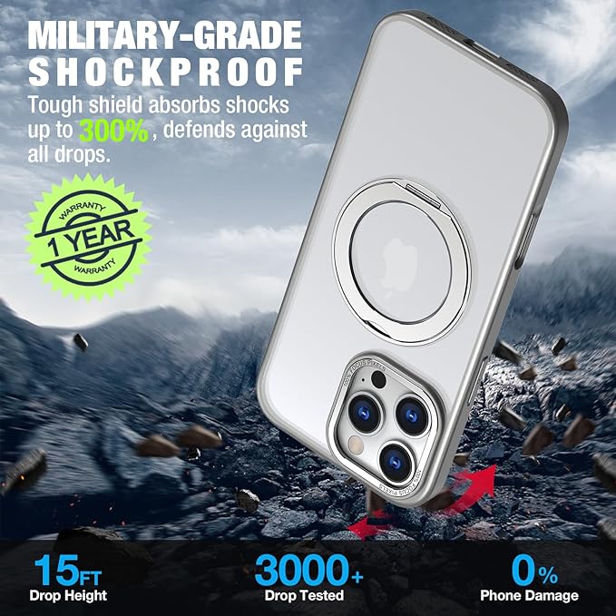 for iPhone 16 Pro Max Case with Screen Protector & Lens Protector [15 FT Military Drop Protection] Magnetic Kickstand Compatible with MagSafe Slim Translucent Case (Titanium Grey)