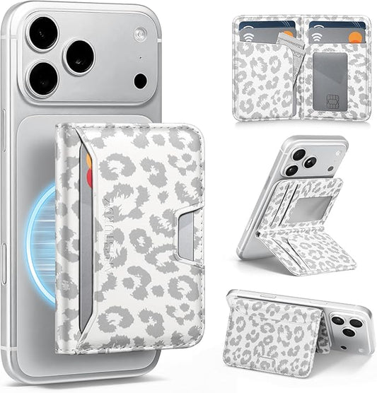 Antsturdy for Magsafe Wallet Stand with Holder,PU Leather RFID Blocking Card Holder,5 Card Slots,Strong Magnet Minimalist Flip Kickstand for iPhone 17/16/15/14/13/12/Pro/Max/Plus/Air,Leopard-White