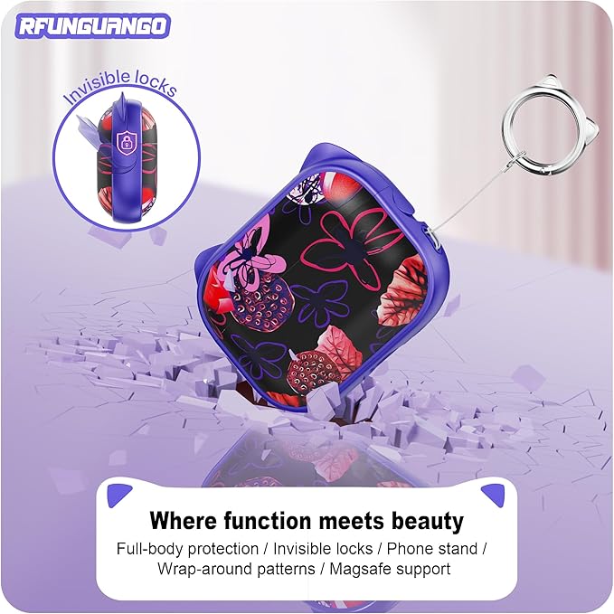 RFUNGUANGO AirPods Pro Case for Women Girly Cat Case with Lock, Phone Stand, Keychain & Cleaner Kit, Compatible with Apple Airpods Pro 2nd/1st Generation Case Cover, Purple Lotus