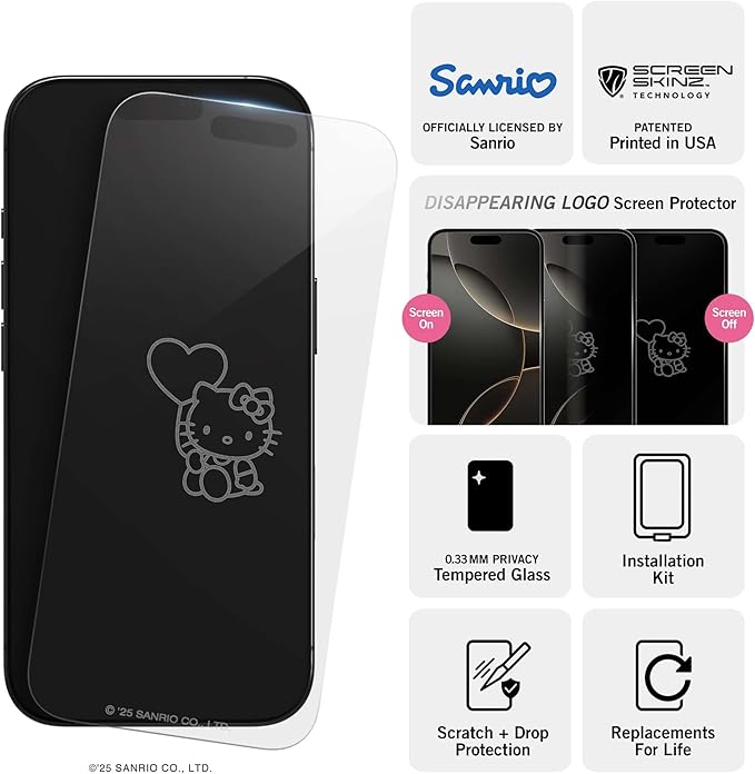 Hello Kitty Balloon Clear Screen Protector for iPhone 16 Pro- with Disappearing Logo - Scratch-Resistant and Easy-to-Install Screen Protectors (Includes Installation Tray)