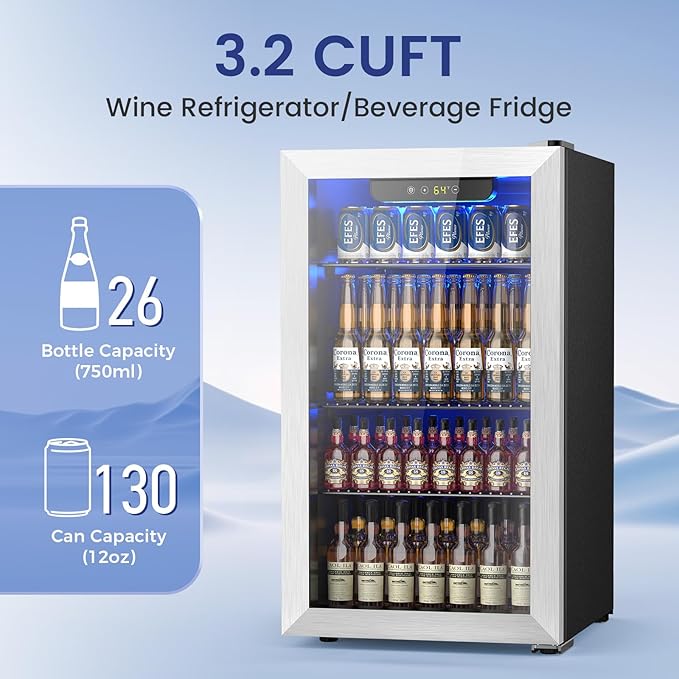 26 Bottle Wine Cooler Refrigerator, Small Freestanding Wine Fridge for Red, White and Champagne, Built-in Wine Cellar with Stainless Steel Glass Door , 40-66F Digital Temperature Control, Indoor Use