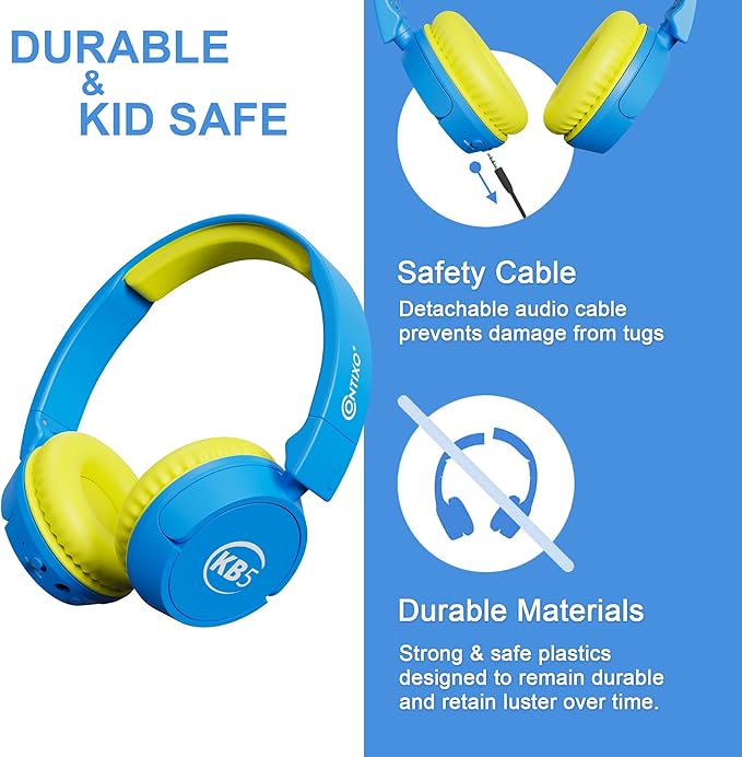 Contixo KB-5 Kids Headphones - Over The Ear Foldable Bluetooth Wireless Headphone for Kids - 85dB with Volume Limited - Toddler Headphones for Boys and Girls (Blue + Yellow)