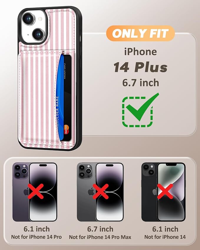 for iPhone 14 Plus Case with Wallet - Fits 4 Card Slots, Compatible with MagSafe for Women Aesthetic Durable PU Leather Credit Card Holder Kickstand Phone Cover for Apple 14 Plus, Stripe
