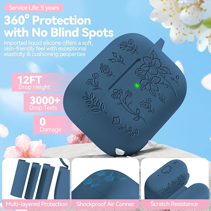for Airpods Pro 3 Case, Flower Engraved Case Cover Compatible with AirPods Pro 3rd Generation 2025, Soft Silicone Cases with Cute Keychain & Cleaner for Women Girly, Shockproof