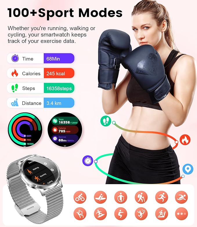 DREMAC Smart Watch(Make Call/Thin),1.32'' Amoled Curved Display for Android iPhone,Smart Watches for Women with Heart Rate Monitor,Sleep Monitor,Pedometer,IP68 Waterproof Fitness Tracker,Silver Metal