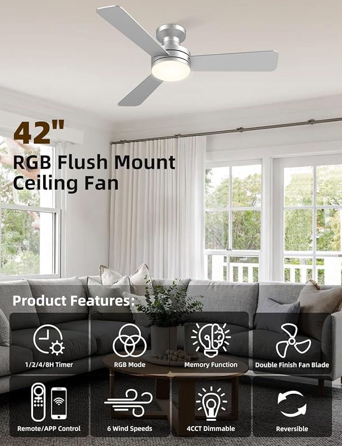 42" RGB Ceiling Fan with Light, Music Sync Smart Fan with Alexa/Google/App Control, Low Profile Flush Mount, 6-Speed Quiet DC Motor, 4 CCT Dimmable Lighting for Bedroom Living Room, Silver