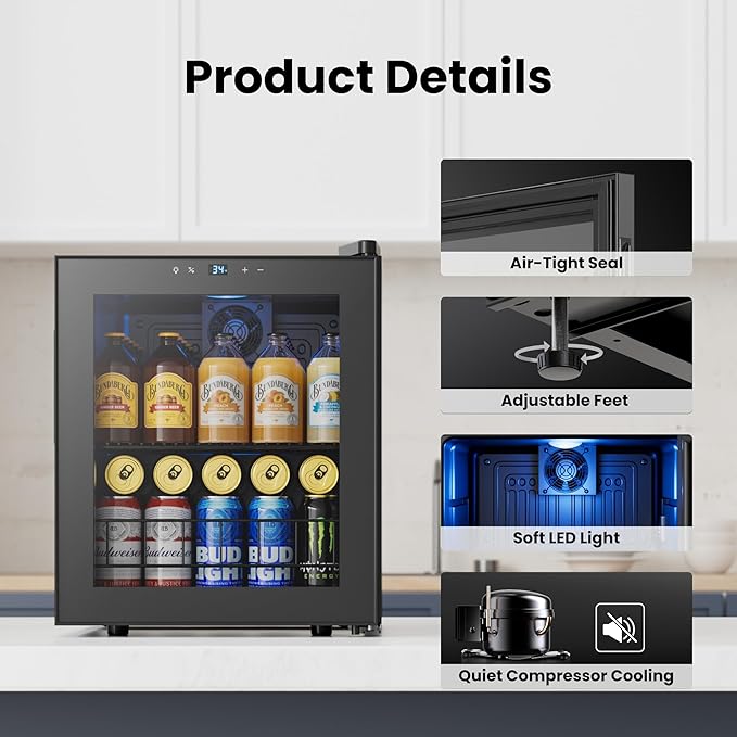 Yeego Beverage Refrigerator Cooler, 65 Cans Drink Mini Fridge with Glass Door for Soda Beer or Wine, Beverage Cooler with 34°F-54°F Digital Temperature Control for Home, Office, Bar