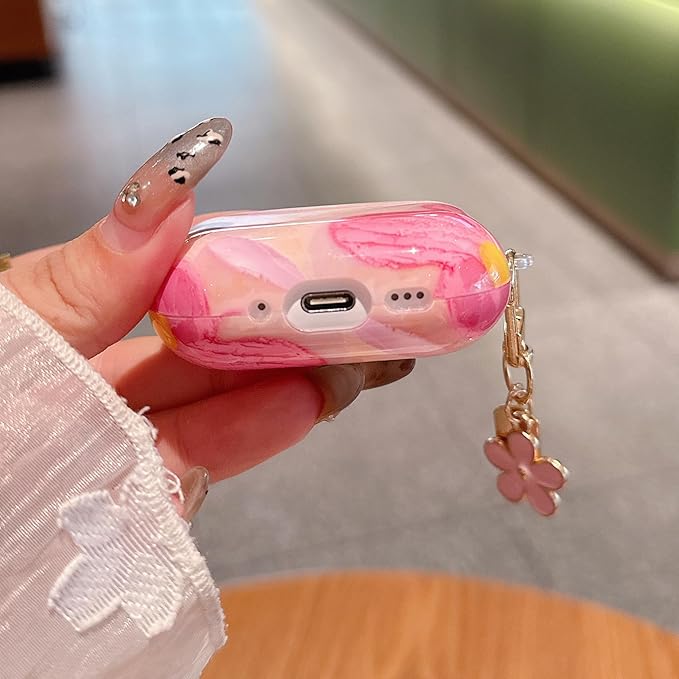 for AirPod Pro 3 Case 2025 Cute Aesthetic Flower for Women Girls Soft TPU Protective Cover with Keychain Compatible for AirPods Pro 3rd Generation (Pink IMD Floral)
