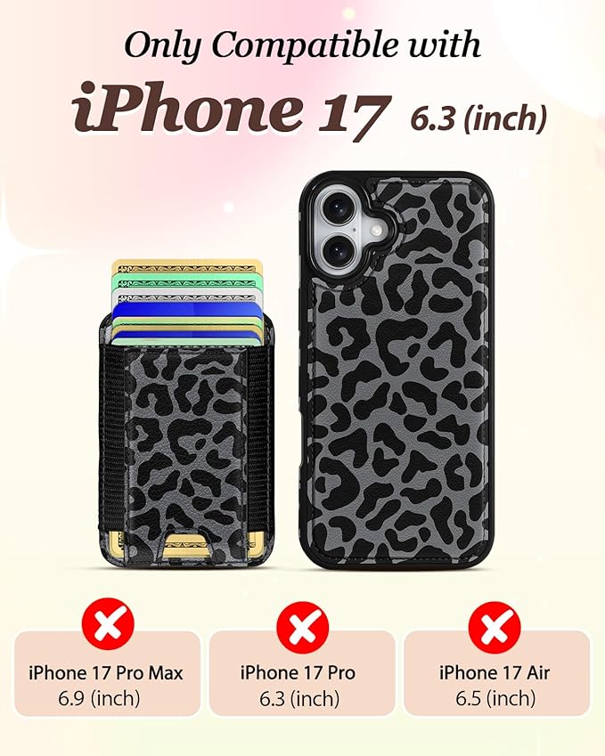 Shorogyt for iPhone 17 Wallet Case - Fits 5 Cards, Compatible with Magsafe Detachable Magnetic Credit Card Holder Leather Cardholder Cute Phone Cover Women Girls for Apple 17, Leopard