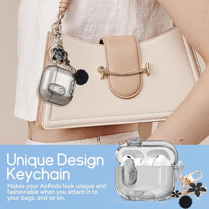 Clear Case for AirPods Pro 3 Case Cover with Safety Lock,Soft TPU Cover with Phone Stand & Cleaning Ki,Cute Bling Keychain for Women Girls-Clear Black