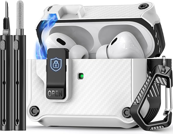 Compatible with AirPods Pro 2nd/1st Case,Magnetic Automatic Lock with Cleaning Kit,Compatible with Magsafe,Carbon Fiber Texture Cover -White